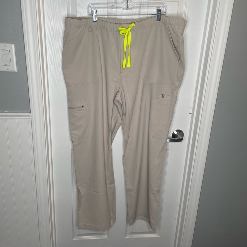 Figs Cairo Cargo Scrub Pants in Slate Gray with Neon Yellow Drawstring 5XLR